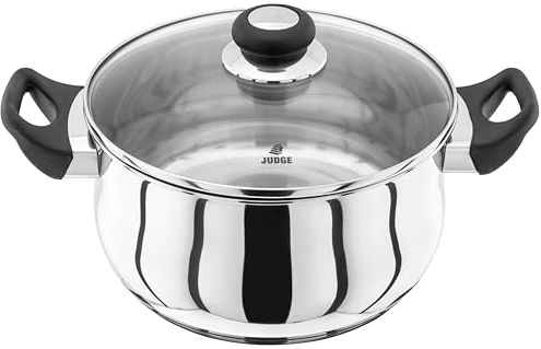 Judge Vista Stainless Steel Large Casserole Pot with Twin Handles 24cm, 4L, Shatterproof Vented Glass Lid, Induction Ready, Oven Safe