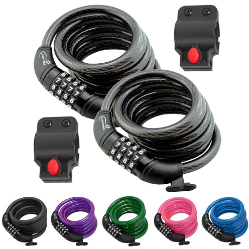 Lumintrail Combination Bike Lock Cable - 6 Feet Bike Locks 2 Pack Heavy Duty Anti Theft with Combinations - Bike Cable Lock Combination with Mounting Brackett (2 Pack, Black)