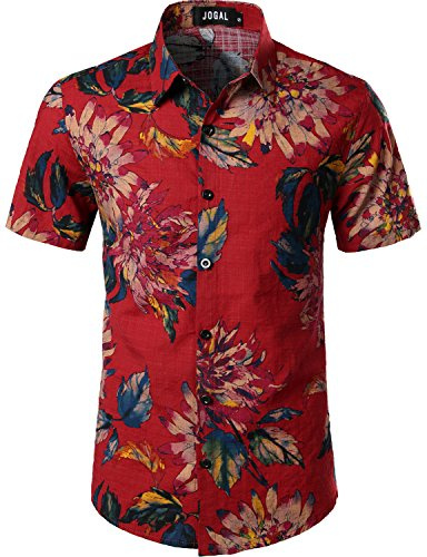 JOGAL Men's Hawaiian Shirt Short Sleeve Button Down Shirt Red XXL