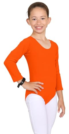 janisramone® Kids Gymnastics Leotards for Girls, Long Sleeve Leotards for Girls for Gymnastics and Dancing, Microfibre Girls' Gymnastics Leotards Ballet Leotard for Girls Aged 3-13 Years Neon Orange