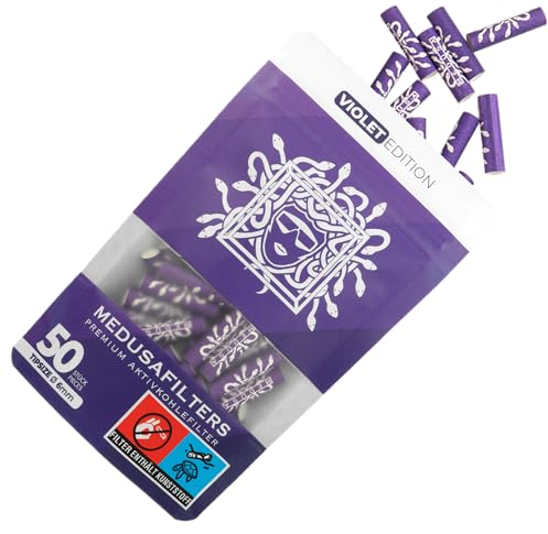 Medusafilters® 50 Stück 6mm Ø Slim Premium Aktivkohlefilter mit veganen Fasercaps & Kokos Aktivkohle | Filter mit 25mm Länge made in Germany (VIOLET EDITION)