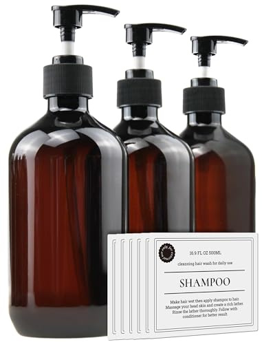 Empty Plastic Bottles with Pump Dispenser and 6pcs Labels Included, Refillable Travel Containers for Hand sanitizer Shampoo Lotion, etc - BPA/Paraben Free, 500ml/16.9oz (3 Pack)