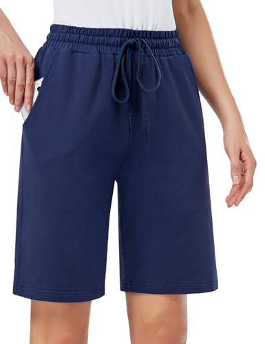MOVE BEYOND Women's 10'' Inseam Bermuda Shorts 3 Pockets Athletic Yoga Gym Sweat Shorts with Drawstring Lounge Sleep Shorts, Blue, M