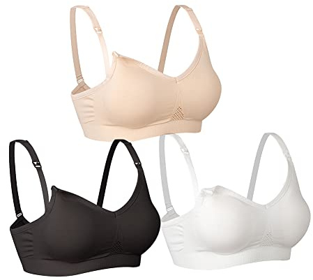 Lemef Bras de Lactancia para Mujer, Sujetadores de Maternidad para Lactancia Diaria para Dormir, Paquete de 3, Negro, Beige, Blanco, S