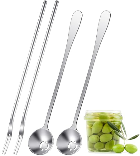 Didaey 4 st 20 cm pickle gaffel och olivsked silset rostfritt stål långt handtag plockburk serveringssked med dräneringshål sked spets för lök gurka rucola (klassisk stil)