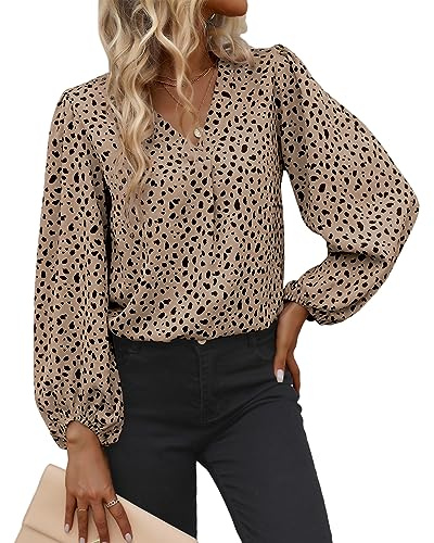 Womens Long Sleeve Blouses for Work Business Casual Tops V Neck Loose Business Shirts Casual Work Tunic Medium,Khaki