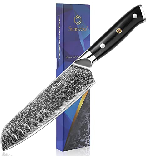 Sunnecko Santoku Knife 7 inch, Professional Kitchen Knives with VG10 Damascus Steel Blade, Sharp Chef Knife with Ergonomic G10 Handle Color Box Meat Cutting