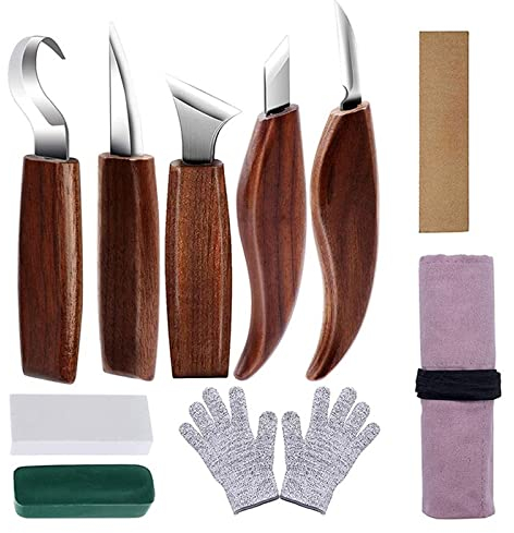 Kit di Strumenti per Intagliare il Legno, 10 Pezzi Noce Coltello da Intaglio con Manicotto per Coltelli e Pietra per Affilare, per Principianti e Professionisti con Guanti Resistenti al Taglio