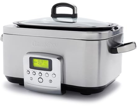 GreenPan Elite 8-in-1 Slow Cooker programmabile da 6L,coperchio lavabile in lavastoviglie e vassoio rimovibile, ceramica sana senza PFAS antiaderente, cottura,soffritto,cestello a vapore,arrosto,inox