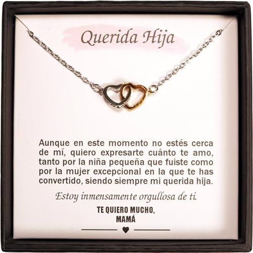 TILOVE Collar para hija de mamá con colgante de dos corazones | Acero inoxidable con circonia cúbica | Cadena ajustable 42 cm + 5 cm | Caja de joyería y tarjeta con mensaje | Idea de regalo