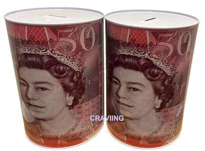 2pcs £50 Note Design Money Tins, Sterling Bank Note Printed, Piggy Bank, Money Saving Box, Coin Jar, Cash Box Large Size