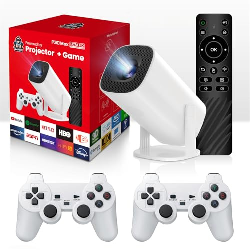 P30 MAX-projektor med 2 spelkontroller Android 11 Wifi6 BT hemmabio kontor utomhus smart bärbar 4K HD-projektor (35000 + spel)