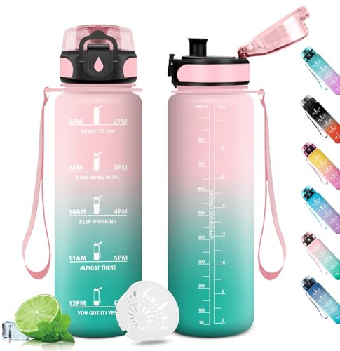 Gourde 1L, Bouteille d'eau Enfant, sans BPA, Étanche & Réutilisable, Gourde Sport avec Filtre et Marqueur de Temps, Gourde Motivation pour Enfant, Adulte, Cyclisme, Bureau, l'école, Camping, Yoga