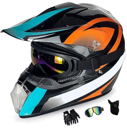Jeunesse Enfant Hors Route Moto Casque, avec Gants Lunettes Masque, MTB VTT BMX Une Descente Quad Moto Cross Accident Casque Unisexe, Approuvé par Le Dot(V1,XS(51-52))