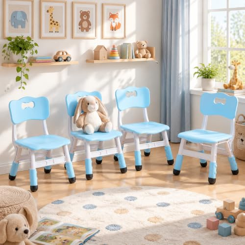 MAMIZO 4 PCS Kids Desk Chairs, Height Adjustable Children's Chairs with Backrest, Plastic Children's Seat from 2 Years, Children's Furniture for Children's Room, School, Max Load 100KG, Blue