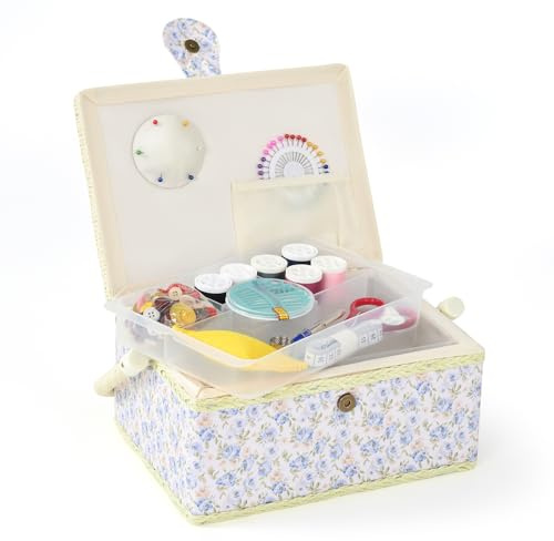 NOTIONSLAND Panier à couture pour la maison - Taille moyenne - Pour le rangement et l'organisation - Panier à couture avec accessoires - Cadeau pour Noël, Thanksgiving, la fête des mères (blanc simple
