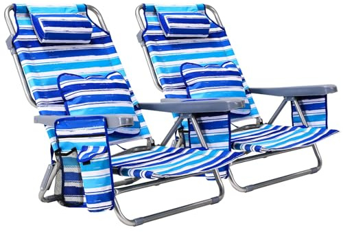Strandstol med ryggsäcksfunktion, fällstol med liggfunktion för sand, justerbar högt ryggstöd, med armstöd ländryggskudde nackstöd sidofickor, campingstol vikbar (2, blå, 110 x 65 x 65 cm)