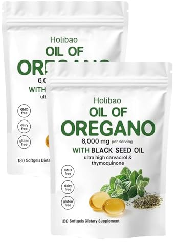 Huile de gélules d'origan, 2 en 1, 6000 mg d'huile d'origan avec huiles de graines noires, capsules de supplément d'origan, faciles à avaler pour améliorer le système immunitaire et la