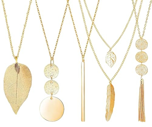 HORREX 5 Pièces Collier Long, Collier Long Femme Bohème Sautoir Femme Mode, Sautoir Simple Pendentif Long Barre Plumes Cercle Feuille Serrure Pompon pour Tenue Quotidienne Dîner Anniversaire