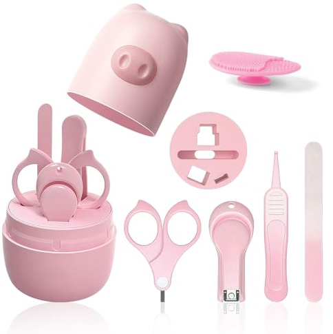 HAGOT 5-in-1 Babypflege Set mit Baby Nagelschere, für Fingernägel und Fußnägel, mit Nagelknipser, Nagelschere, Nagelfeile, Nasenpinzette und Silikonbürste, Rosa