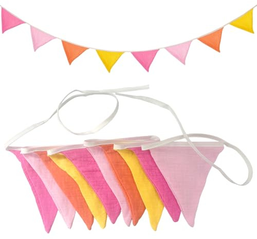 VLYX Fabric Bunting Banner - Double-Sided Colorful Cotton Triangle Garland for Nursery, Garden, Tea Party, Wedding, Shower, Birthday, and Bedroom Decoration (Morandi Pink Orange)