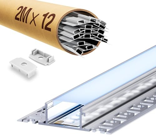 12 x LED-kakelprofil 2 m, LED-gipsprofil, 2 m, aluminiumprofil, skena, infälld kanal och diffusor, ytmonterad för indirekt belysning, tak