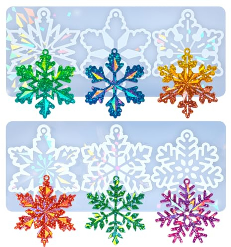 2 PCS Christmas Resin Molds, Holographic Silicone Snowflake Resin Molds, 6 Shapes, Christmas Ornament Mold for Epoxy Casting DIY Crafts Keychain Decoration