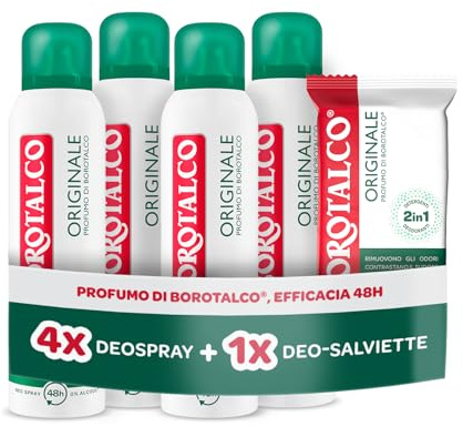 Borotalco, Kit con 4 Deodoranti Spray e Deo-Salviette, con Talco Vegetale e Molecole Anti‑Odore, Azione Deodorante e Detergente, Durata 48h, Senza Alcol, 4x150 ml, 12 Salviette - Esclusiva Amazon