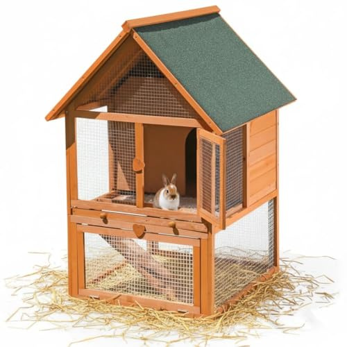Melko Kleintierhaus XXL Hasenstall mit Freilaufgehege, ca. 121 x 80 x 96 cm, aus Holz, Inkl. 1 Rampe + 1 Schublade