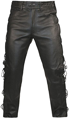 Skintan Mens Leather Lace Sided Trousers Jeans - Available in 29, 31 & 34 Inside Leg Lengths (Reg L31 W32) Black