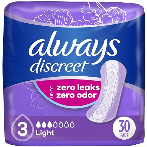 Always Discreet Adult Incontinence Pads for Women, Drier, 3 Drop Regular Length, Light Absorbency, Pads for Bladder Control Management, Bladder Leaks, & Postpartum Pads, 90ct