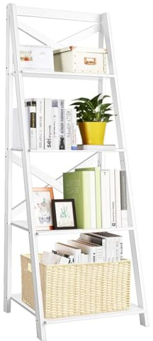 COSTWAY Leiterregal mit 4 Ebenen, Bücherregal mit X-förmige Strebe, Stufenregal modern mit großem Stauraum, Standregal aus Holz für Wohnzimmer, Schlafzimmer, Küche, 50 x 45 x 145 cm (1, Weiß)