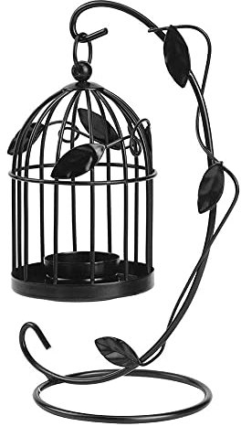 Innovador Ahueca hacia Fuera el candelabro Colgante Forma de Jaula de Hierro Candelero con Hojas Decoración Adorno doméstico(Negro)