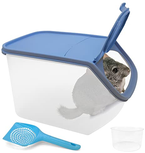 BNOSDM Chinchilla Sand Bath Container Chinchilla Dust Bath Tub Transparent Hamster Toilet Shower Room Plastic Hamster Bathroom Kit with Sand Cup&Scoop for Gerbil Hedgehog Squirrel (Blue)