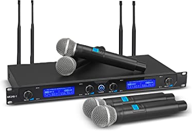 MicrocKing Drahtloses Mikrofonsystem, mit 4 Handmikrofonen, Metallgehäuse, Festfrequenz, große Reichweite 200ft, ideal für Party/Hochzeit/Kirche/Konferenz/Rede