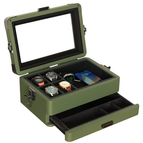 CASE ELEGANCE Military 10 Slot Watch Box Case Organizer for Men, Real Glass Top, Modular Valet Tray, Apple Watch Compatible with Apple Watch Stand, Accessory Drawer, Watch Pillow Stands