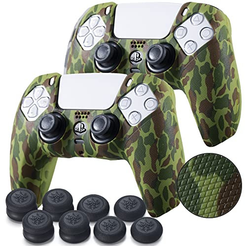 YoRHa Grip Texture - Funda de silicona para mando de PS5 (camuflaje verde) con empuñaduras profesionales para el pulgar x 8