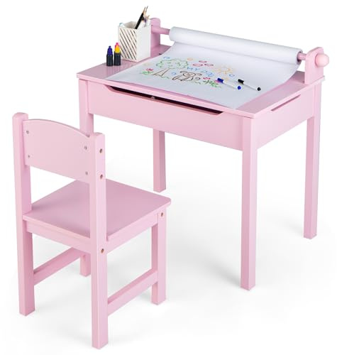 GOPLUS Bureau Enfant Fille Garcon avec Chaise, Table a Dessin Enfant avec Rouleau du Papier, Bureau d'Écriture en Bois avec Rangement, Table Polyvalente pour 3+ Ans, Rose