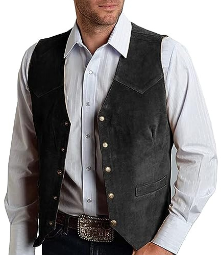 CXFOVIOVA Mens V Neck Suit Vest Retro 5 Button Suede Leather Regular Fit Casual Waistcoat for Prom,Husband Gift,Daily Wear (Color : Black, Size : Large)