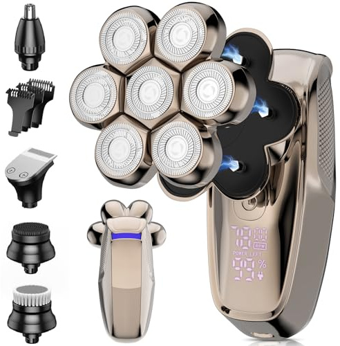 Rasoio elettrico da uomo calvo – Testine magnetiche 7D per viso, rasoi tagliacapelli, kit da barba a secco da uomo, set regalo impermeabile, lama rotante, rasoio per barba e naso, display a LED