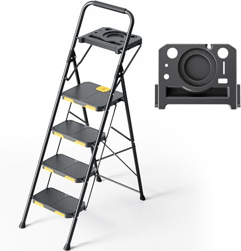KINGRACK Escalera Plegable de 4 Peldaños con Bandeja de Herramientas e Bloqueo de Seguridad, Carga hasta 360 kg, Escalera Doméstica con Pedal Ancho Antideslizante e Pasamanos, Uso Hogar Cocina, Negro