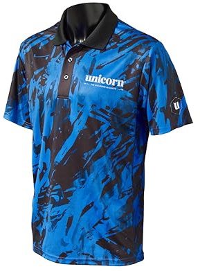 Unicorn Darts Shirt | Pro-Tech Camo | Cool Breathable Soft Feel Micro Mesh 3-Tuk Polyester | Blue with Black Collar & White Logo | Small | to fit Chest 36-38 inches