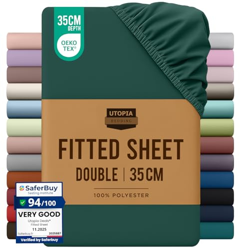 Utopia Bedding Fitted Sheet Double, Emerald - Deep Pocket 14 inch (35 cm) - Easy Care - Soft Brushed Microfibre Fabric - Shrinkage and Fade Resistant - Bottom Sheet