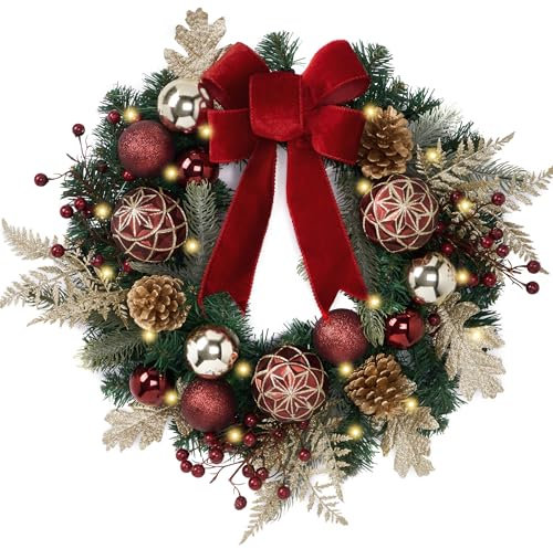 Valery Madelyn Pre-Lit Christmas Wreath for Front Door with Light, 20 Inch Large Lighted Christmas Wreath with Red Gold Xmas Ball for Fireplace Window Outdoor Table Centerpiece Holiday Home Decoration