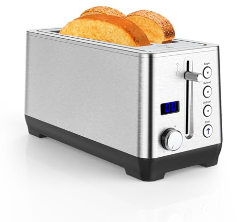 Tostapane in Acciaio Inossidabile, 4 Fette, 6 Livelli di Doratura, 4 Funzioni, Scongelamento e Scalda Brioche Integrato, Leva di Sollevamento, Auto Spegnimento