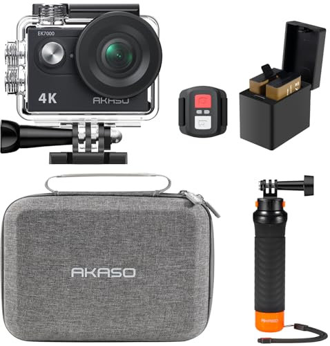 AKASO EK7000 Caméra Sport Kit de Poignée Flottant - Comprend 4K 30FPS EK7000 Action Camera, Poignée Flottant Etanche pour Camera Sport, Sac de Rangement, 2 Batteries et Plus