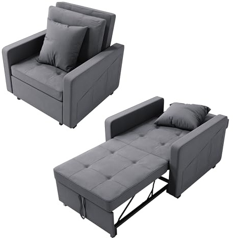 ZANOFIRA Single Sofa Bed, 3-in-1 Pull Out Convertible Sleeper Chair Bed with Adjustable Backrest, Side Pockets, Pillow, Breathable Linen Guest Bed for Home Office Small Room Apartment, Grey