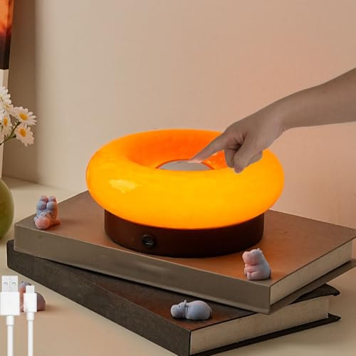 LOGT LED Donut Lampe Orange Glas Holz Tischlampe Akku USB Aufladbar Nachttischlampe mit Touch Schalter Rund Donut Tischleuchten Dimmbar Moderne Dekoration Kinderzimmer Licht für Wohnzimmer,Orange