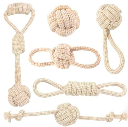 GOMETY Set De Jouets À Mâcher: 6 Pièces Coton Et Lin Naturels, Robuste Et Durable, pour Chiens Petits À Moyens, Amusement Intérieur Et Extérieur (Beige Lin)