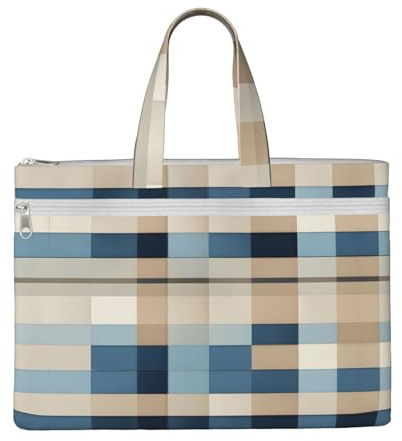 SDEGTHO Blue Beige Square Pattern Zippered Document Bag With Handle For Carrying Paper Files Books Filing Folder
